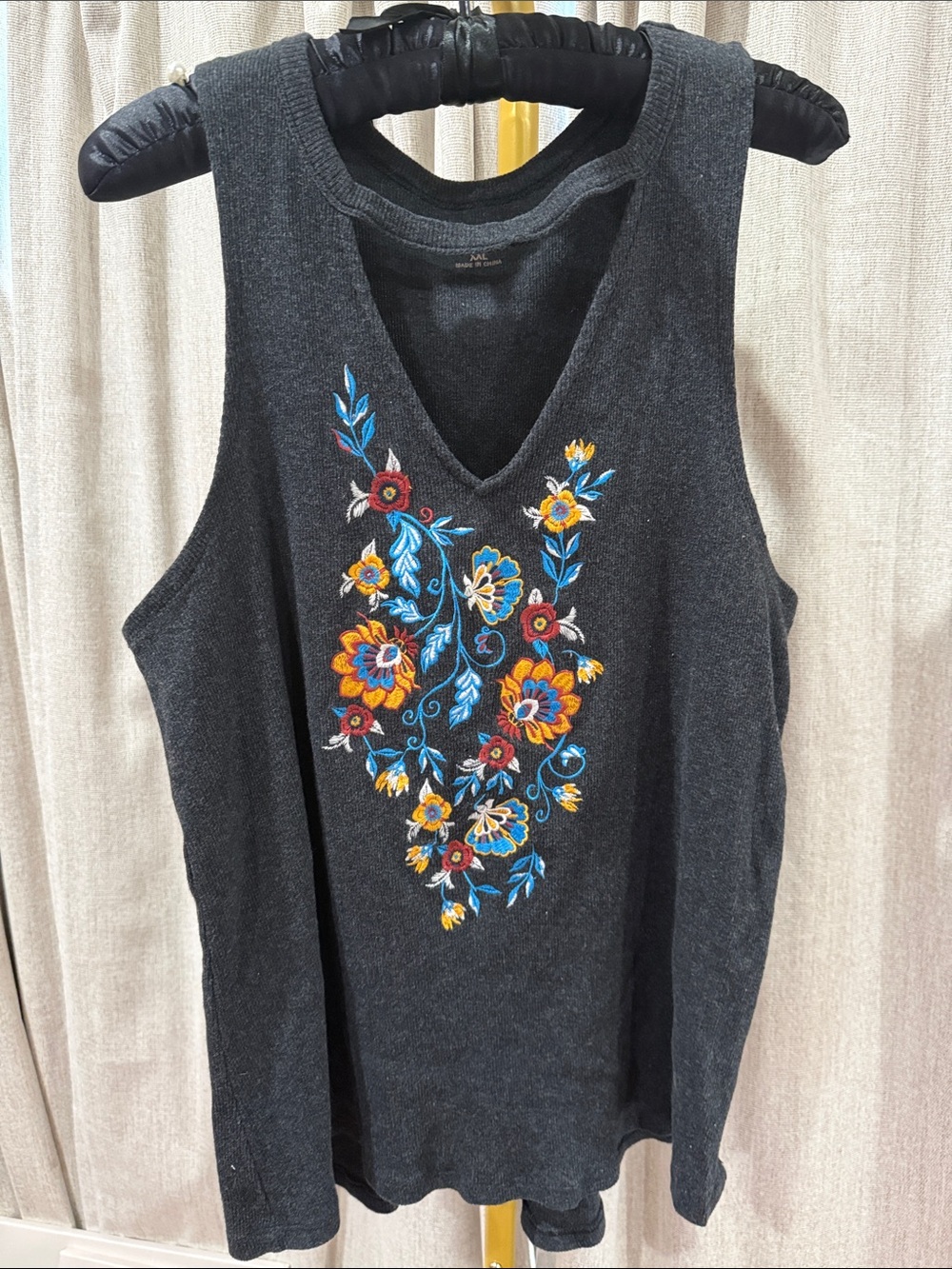 Shyanne Charcoal Embroidered V-Neck Tank with Multicolor Floral